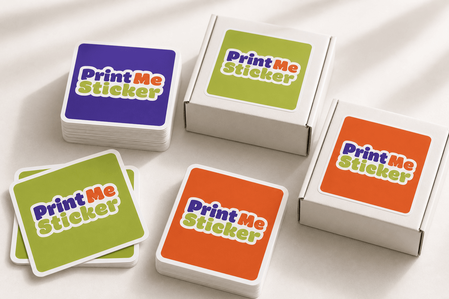 Realistic PrintMeSticker sticker sheets, bundles, white boxes, and mailers prepared for dispatch