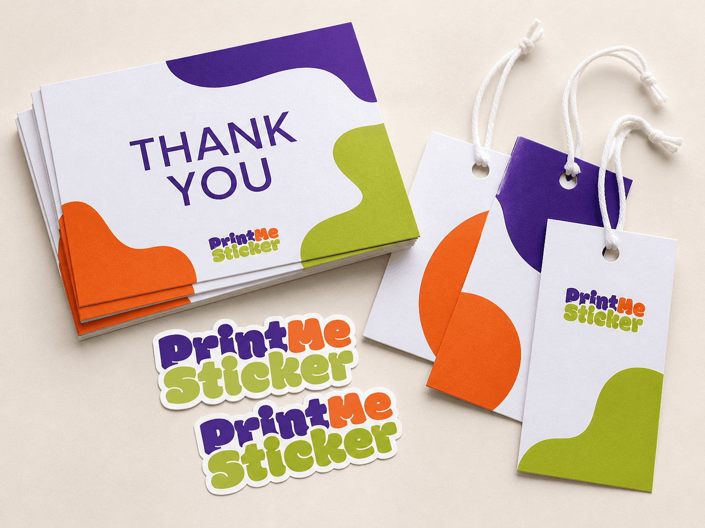 Realistic PrintMeSticker thank-you cards printed on premium card stock
