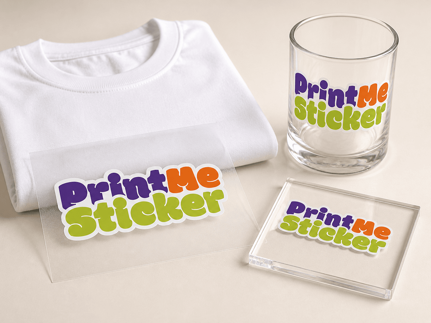 Realistic PrintMeSticker DTF transfer film beside a white cotton shirt