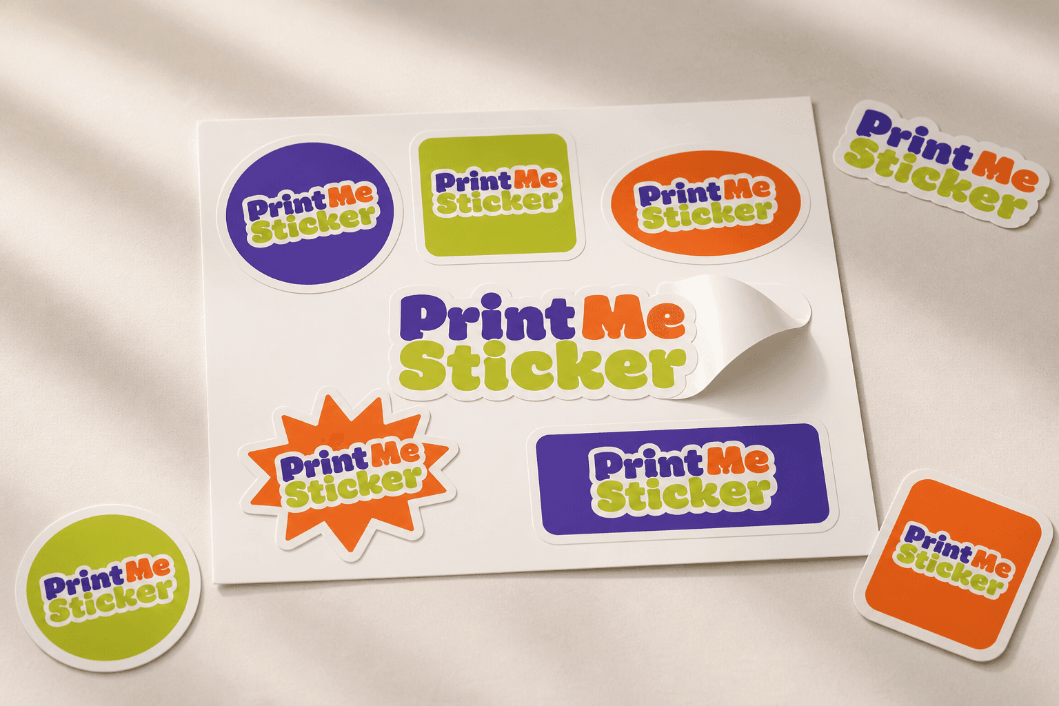 Realistic PrintMeSticker proofing workflow with laptop preview, sticker sheets, finished stickers, and white packaging