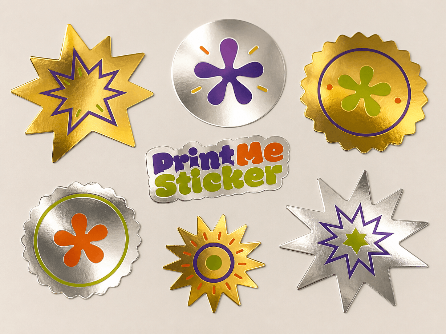 Flat realistic PrintMeSticker metallic gold and silver foil stickers