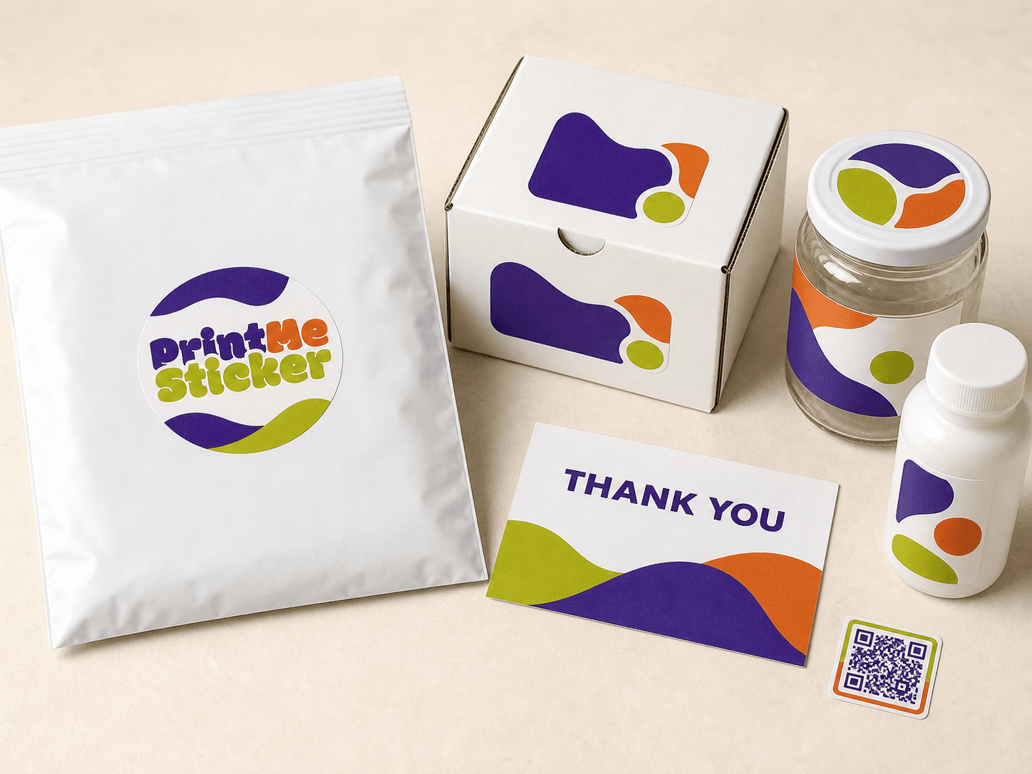 Flat realistic PrintMeSticker product labels applied to bottles, jars, boxes, and mailers