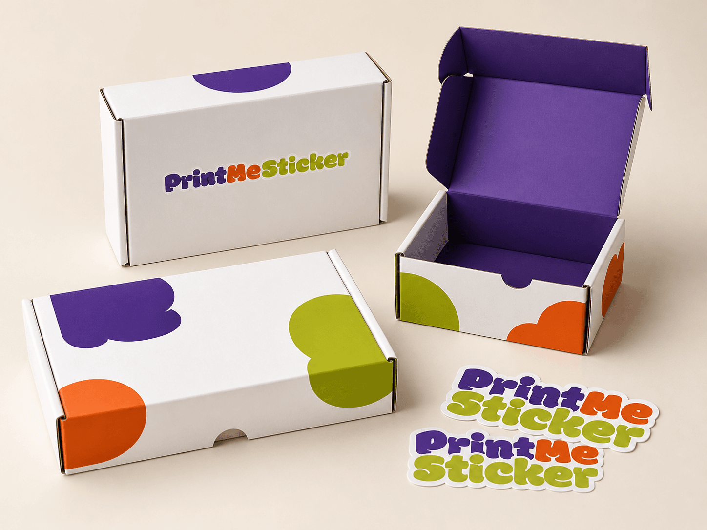 Realistic PrintMeSticker custom white product boxes with printed brand graphics