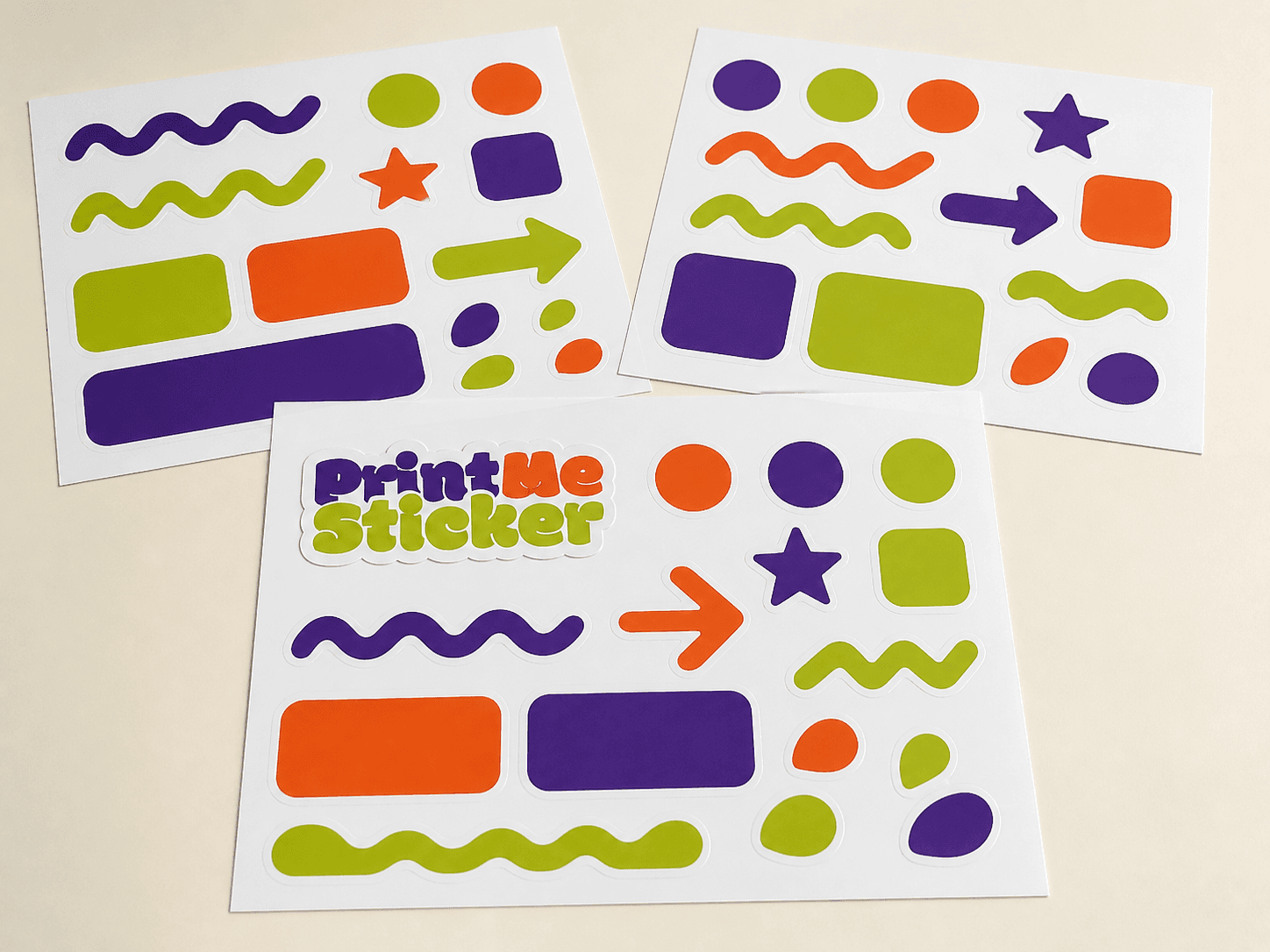 Flat realistic PrintMeSticker kiss-cut sticker sheets with multiple shapes