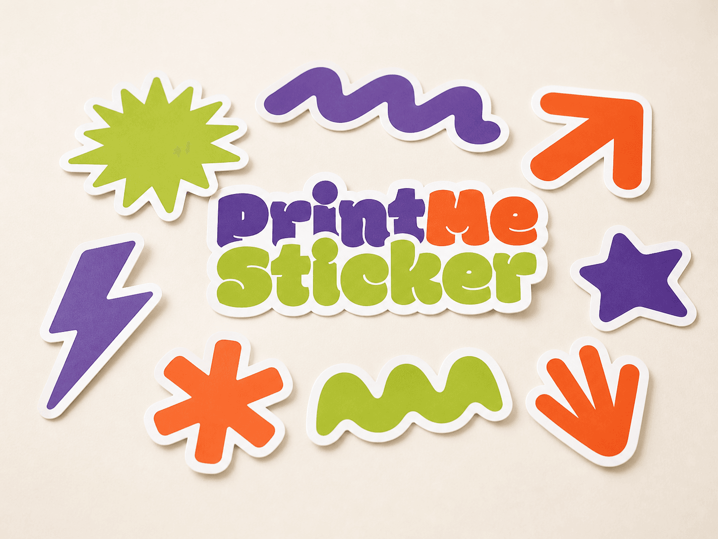 Flat realistic die-cut PrintMeSticker stickers with white cut borders
