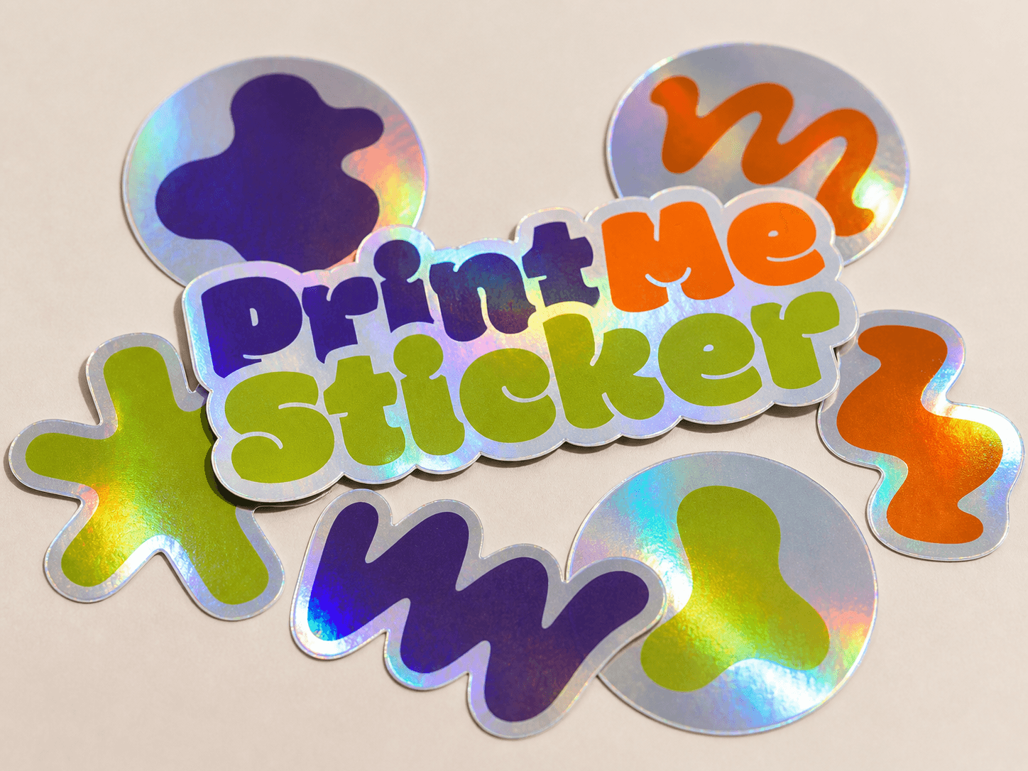 Flat realistic holographic PrintMeSticker stickers with rainbow reflective finish