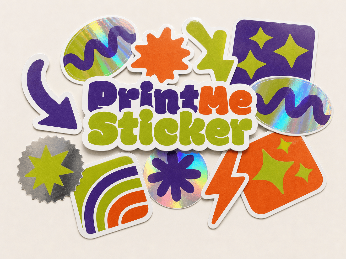 Flat realistic circle PrintMeSticker stickers with mixed vinyl finishes