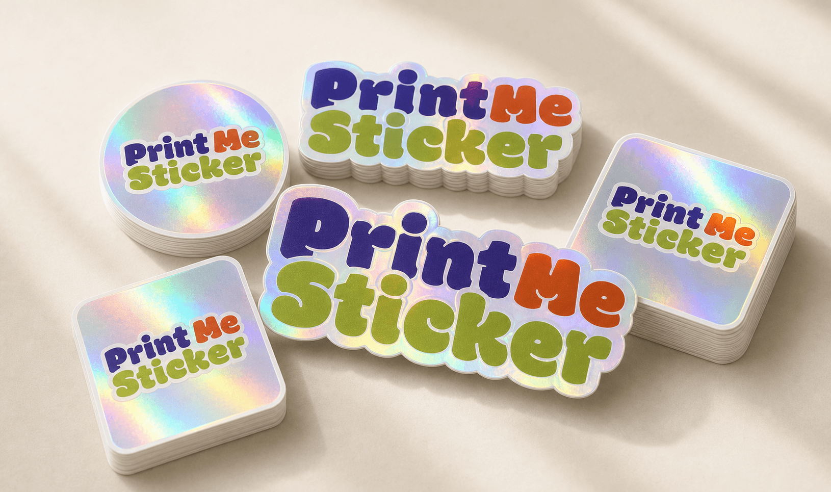 Realistic PrintMeSticker logo stickers showing PVC, plain, clear, silver, gold, matte, and glossy finishes